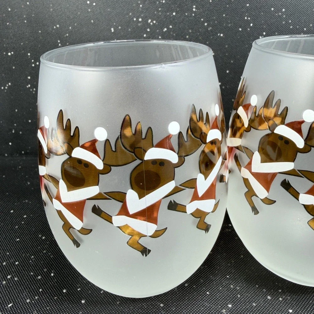 Culver Ltd Frosted Stemless Wine Glasses Dancing Reindeer Christmas Set of 2